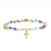 Millefiori Glass Beaded Stretch Bracelet with 304 Stainless Steel Cross Charm for Women BJEW-JB08521-4