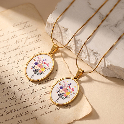 Flower Printed 304 Stainless Steel Geometric Pendant Necklaces for Women WG37CA3-06-1