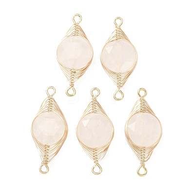 Natural Quartz Crystal Rock Crystal Faceted Hexagonal Cut Flat Round Links Connector Charms with Copper Herringbone Wire-Wrapped KK-Z152-07G-06-1