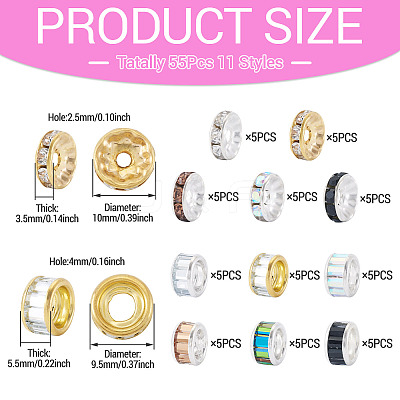 55Pcs 11 Styles Alloy Glass & Iron Rhinestone Spacer Beads FIND-TA0008-70C-1