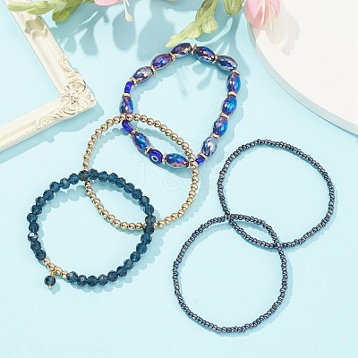 5Pcs 5 Style Glass & Lampwork Evil Eye Stretch Bracelets Set BJEW-JB09619-01-1