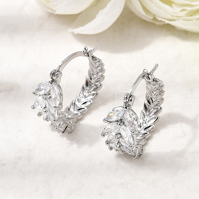 Leaf Brass Micro Pave Cubic Zirconia Hoop Earrings EJEW-P333-03P-1