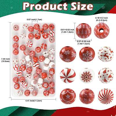 60Pcs 10 Styles Christmas Printed Schima Wood European Beads WOOD-FS0002-48-1