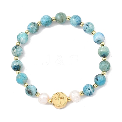 Natural Gemstone Hemimorphite & Cultured Freshwater Pearl & Brass Beads Stretch Bracelets for Women BJEW-JB13796-1