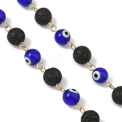 Round Handmade Evil Eye Lampwork Beaded & Natural Lava Rock Beaded Chain AJEW-JB01662-1