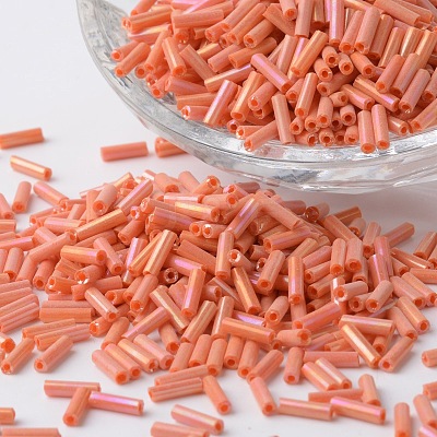 Opaque Colours Rainbow Plated Glass Bugle Beads SEED-K001-B02-1-1