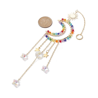 Glass Beads Wrapped Brass Moon Pendant Decooration HJEW-JM01607-1
