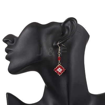 304 Stainless Steel Handmade Glass Seed Beads Rhombus Dangle Earrings EJEW-MZ00517-02-1