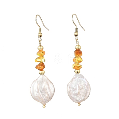 Natural Amber Chip & Natural Keshi Pearl Dangle Earrings EJEW-JE07445-01-1