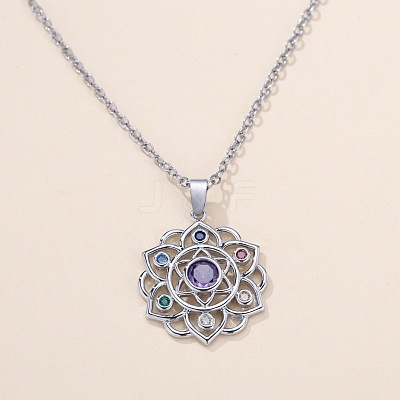 Chakra Lotus Flower Brass Pave Colorful Cubic Zirconia Pendant Necklaces for Women FS-WG17A97-01-1