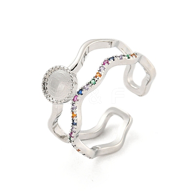 Flat Round Brass Micro Pave Colourful Cubic Zirconia Open Cuff Rings RJEW-G309-35P-1