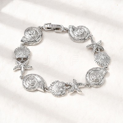 Summer Beach Brass Micro Pave Clear Cubic Zirconia Starfish & Shell Shape Link Chain Bracelets LS-BJEW-C118-02A-P-1