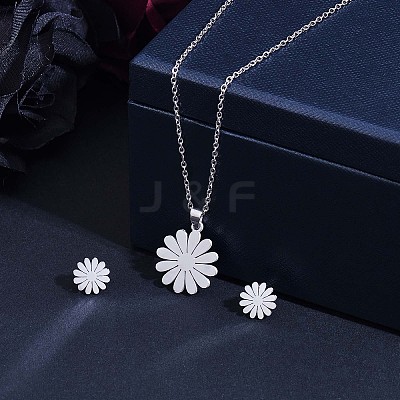 316 Surgical Stainless Steel Daisy Stud Earrings and Pendant Necklace JX376A-1