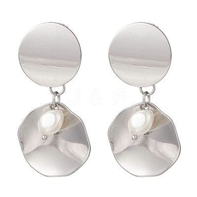 201 Stainless Steel Shell Pearl Flat Round Dangle Stud Earrings EJEW-JE06751-02-1