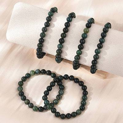 Natural Moss Agate Beaded Stretch Bracelets X-B072-5-1