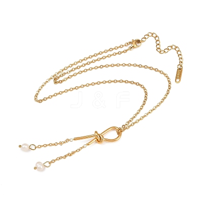 304 Stainless Steel with Natural freshwater Pearl Knot Tassel Pendant Necklaces for Women NJEW-Z111-02G-1