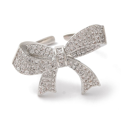 Bowknot Brass Micro Pave Clear Cubic Zirconia Open Cuff Rings for Women RJEW-C098-17P-1