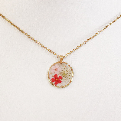 Alloy & Plastic Inner Flower Flat Round Pendant Necklaces FS-WG8915D-02-1