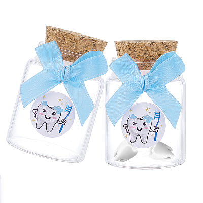 2Pcs Column Transparent Glass Baby Boy Teeth Empty Cork Bottles with Bowknot and Plastic Tooth Picture Stickers AJEW-NB00016-1
