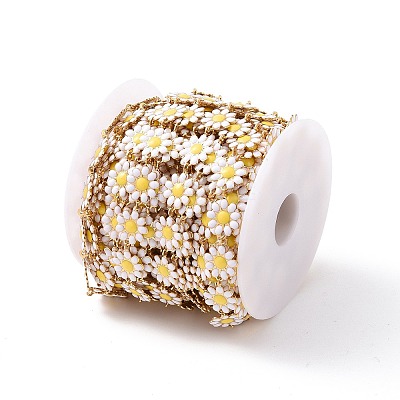 Ion Plating(IP) 304 Stainless Steel Daisy Flower Link Chains with Enamel AJEW-J035-03G-09-1
