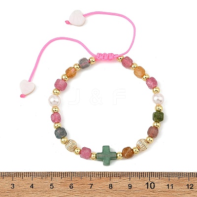 Natural Multicolor Tourmaline Faceted Cube Braided Bead Bracelets BJEW-JB14379-03-1