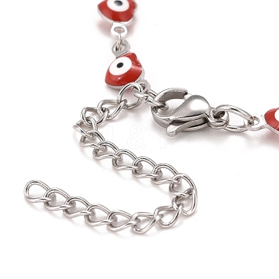 Enamel Heart with Evil Eye Link Chains Bracelet BJEW-P271-07P-01-1