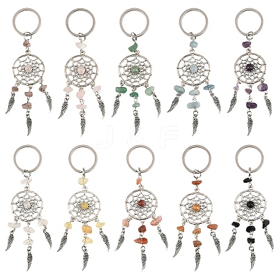 10Pcs Alloy Natural & Synthetic Mixed Stone Feather Keychains KEYC-YW00208-1