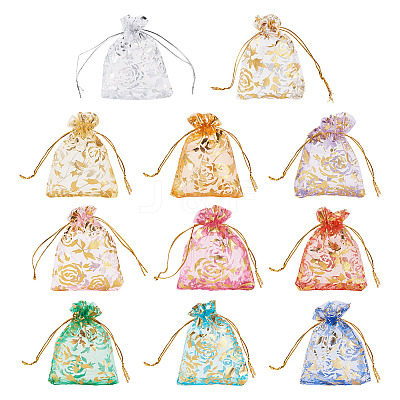55Pcs 11 Colors Rose Printed Organza Drawstring Bags OP-TA0001-15C-1