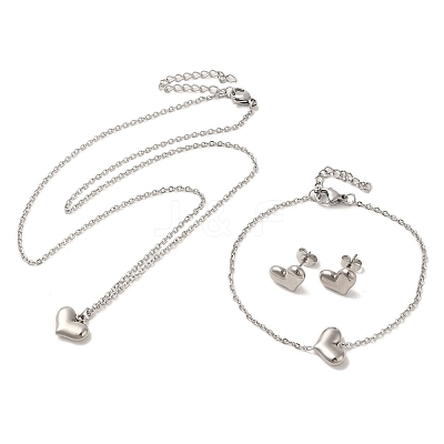 304 Stainless Steel Heart Pendant Necklaces & Bracelets & Stud Earrings Sets for Women SJEW-C004-11P-1