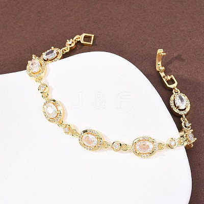 Oval Brass Micro Pave Cubic Zirconia Link Chain Bracelets for Women BJEW-D387-04G-07-1