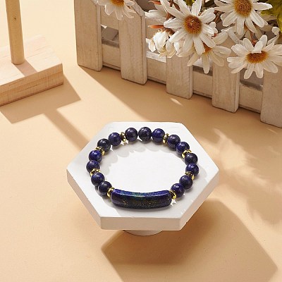 Natural Lapis Lazuli(Dyed) Rectangle Beaded Stretch Bracelet BJEW-JB08982-02-1