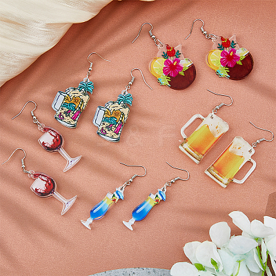 5 Pairs 5 Styles Acrylic Wine Glass Dangle Earrings with 304 Stainless Steel Pins EJEW-FI0001-68-1