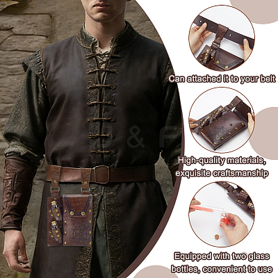 Rectangle PU Leather Medieval Waist Belt Bag with 2Pcs Glass Potion Bottles AJEW-WH0696-581A-1