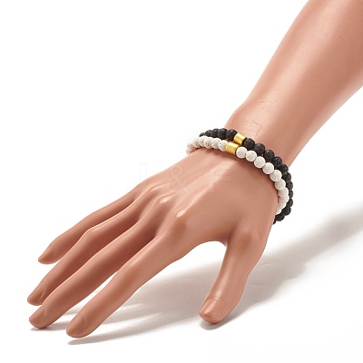 2Pcs 2 Style Natural Lava Rock(Dyed) Round Beaded Stretch Bracelets Set with Column Synthetic Hematite BJEW-JB07578-1