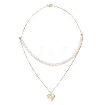 Natural Cultured Freshwater Pearl Potato Beaded Brass Heart with Letter Pendant Double Layer Necklaces NJEW-JN05392-01-1