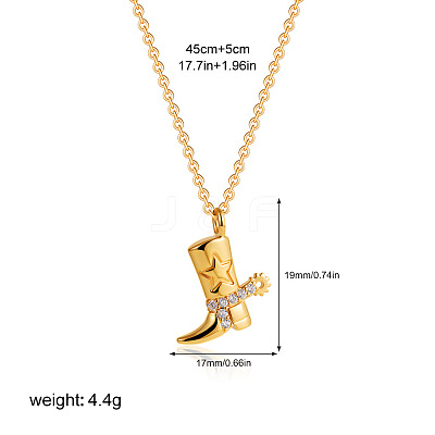304 Stainless Steel Micro Pave Clear Cubic Zirconia Embossed Cowboy Boot Pendant Necklaces FS-WGF88B1-05-1