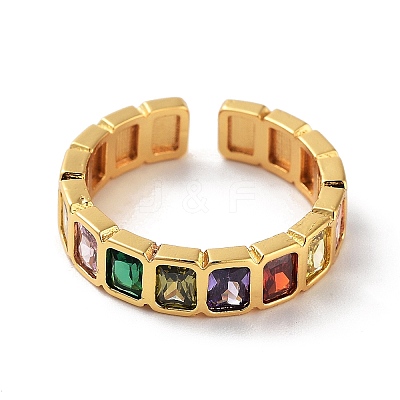 Rectangle Brass Micro Pave Cubic Zirconia Open Cuff Ring for Women RJEW-Z044-04G-01-1