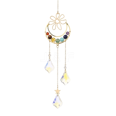 Chakra Natural & Synthetic Gemstone Beaded Wrapped Brass Moon Hanging Suncatchers HJEW-TA00287-1