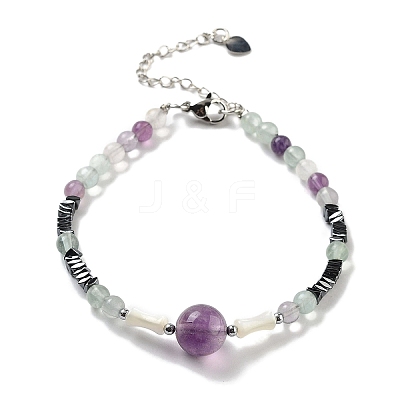 Natural Fluorite Round & Synthetic Non-magnetic Hematite & White Shell Beaded Bracelets for Women BJEW-K251-02B-1