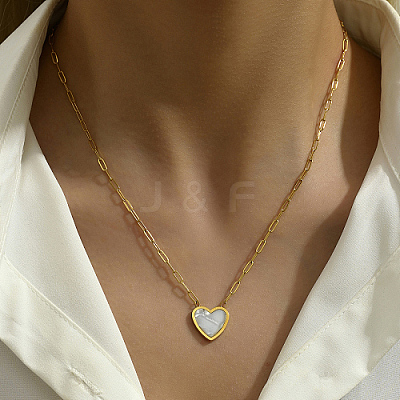 Natural Shell Heart Pendant Necklaces with Golden Stainless Steel Paperclip Chains EU3732-2-1