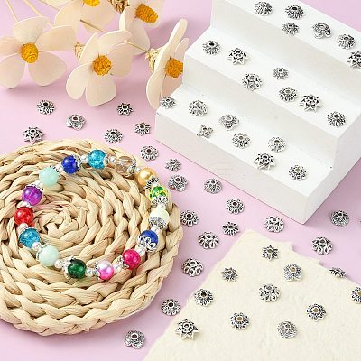 200Pcs 10 Styles Tibetan Style Alloy Bead Caps TIBE-CJ0001-22-1