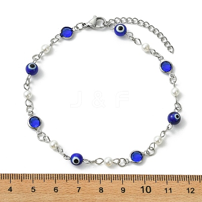 304 Stainless Steel & Glass & Blue Evil Eye Lampwork & Shell Pearl Link Chain Anklets AJEW-AN00812-1