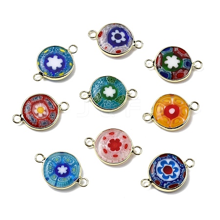 Handmade Millefiori Lampwork Flat Round Connector Charms LAMP-D002-02A-G-1