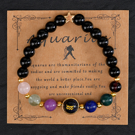 12 Zodiac Sign Natural Black Obsidian Round Beads Stretch Bracelets for Men Women WG228FC-12-1