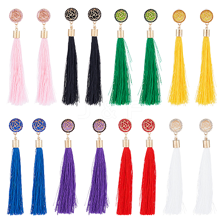 ANATTASOUL 8 Pairs 8 Colors Rose with Cotton Tassel Dangle Stud Earrings EJEW-AN0001-68-1