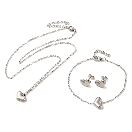 304 Stainless Steel Heart Pendant Necklaces & Bracelets & Stud Earrings Sets for Women SJEW-C004-11P-1