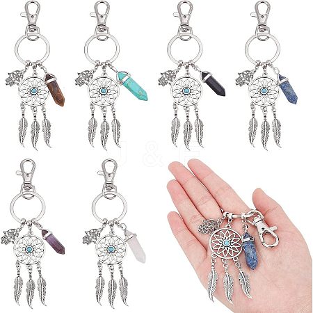  6Pcs 6 Style Turquoise & Obsidian & Rose Quartz & Lapis Lazuli & Tiger Eye & Amethyst Keychain KEYC-NB0001-25-1