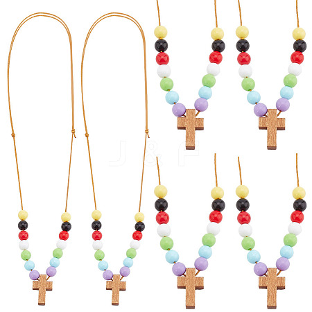 Wood Cross with Acrylic Beaded Pendant Necklaces for Women NJEW-AB00014-1