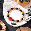 Halloween Theme Baking Paint Glass & Natural Black Onyx(Dyed & Heated) & Synthetic Turquoise Pumpkin Round Beaded Stretch Bracelets BJEW-MZ00188-01-1
