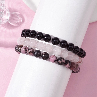 3Pcs 3 Styles Natural Mixed Gemstone Round Beaded Stretch Bracelets Set BJEW-JB10139-01-1